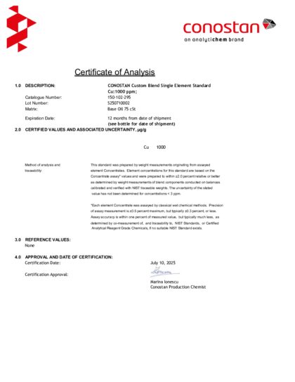 Primeira página: Certificado de análise, lote S250710002