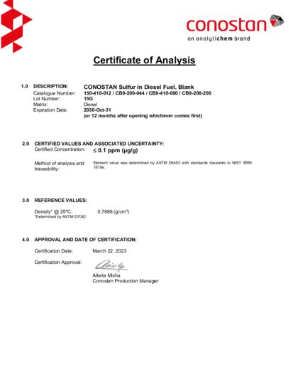 Primeira página: Certificado de análise, lote 15G
