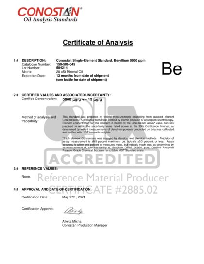 Primeira página: Certificado de análise, lote 504214