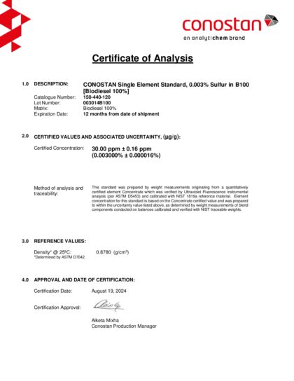 Primeira página: Certificado de análise, lote 003014B100