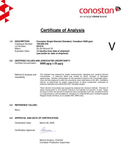 Primeira página: Certificado de análise, lote 501016