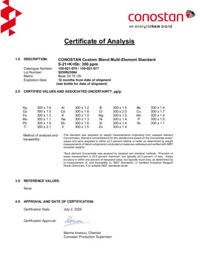 Primeira página: Certificado de análise, lote S250625044