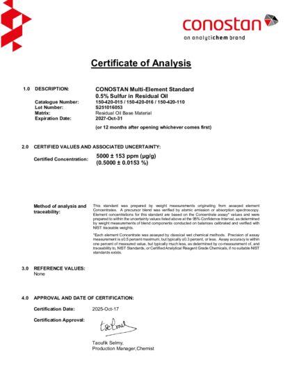 Primeira página: Certificado de análise, lote S251016053