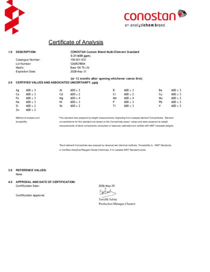 Primeira página: Certificado de análise, lote S260529004