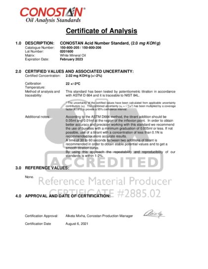 Primeira página: Certificado de análise, lote 0201600