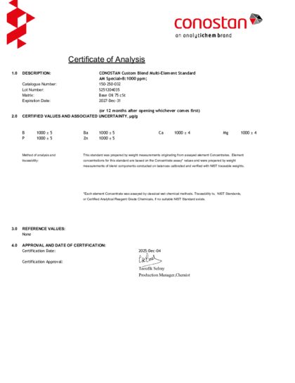 Primeira página: Certificado de análise, lote S251204035