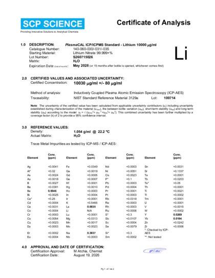 Primeira página: Certificado de análise, lote S260715026