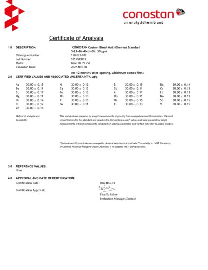 Primeira página: Certificado de análise, lote S251103033