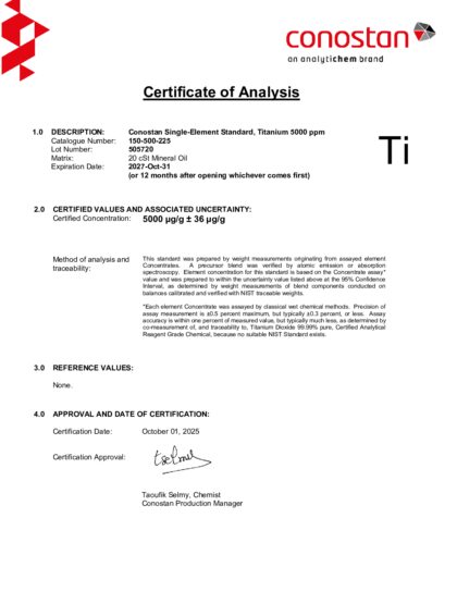 Primeira página: Certificado de análise, lote 505720