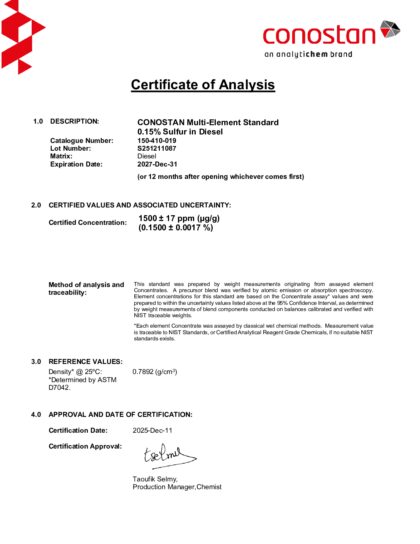 Primeira página: Certificado de análise, lote S251211087