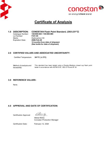 Primeira página: Certificado de análise, lote F231-05