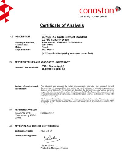 Primeira página: Certificado de análise, lote 0754434GD