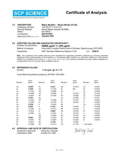 Primeira página: Certificado de análise, lote S251014051
