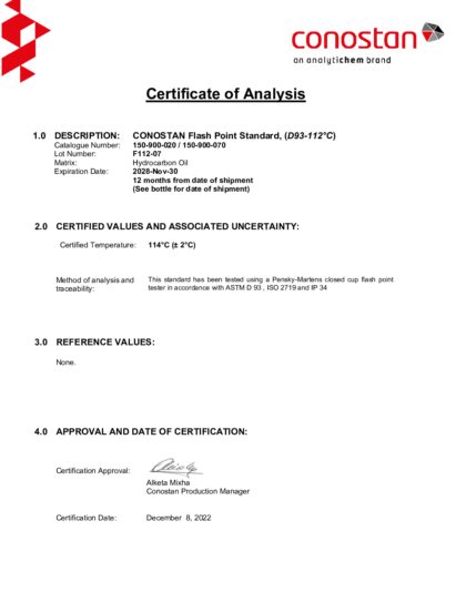 Primeira página: Certificado de análise, lote F112-07