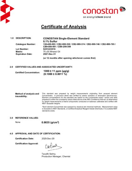 Primeira página: Certificado de análise, lote S251223016
