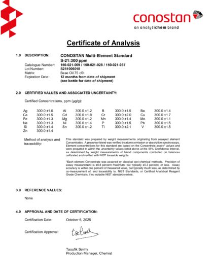 Primeira página: Certificado de análise, lote S251006018