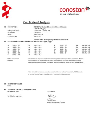 Primeira página: Certificado de análise, lote S251001010