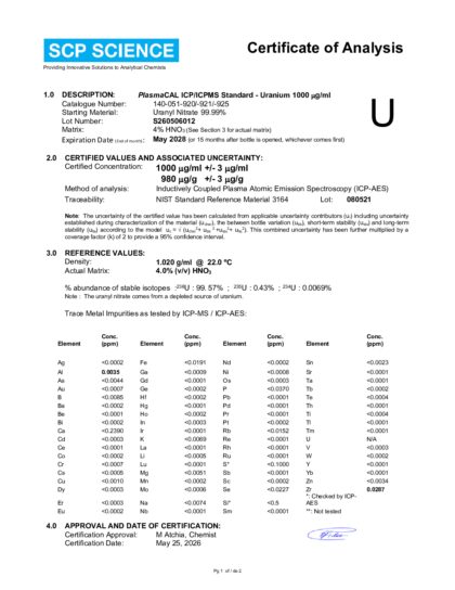 Primeira página: Certificado de análise, lote S260506012