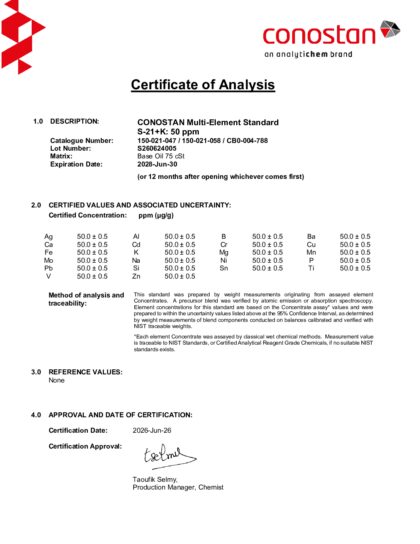 Primeira página: Certificado de análise, lote S260624005