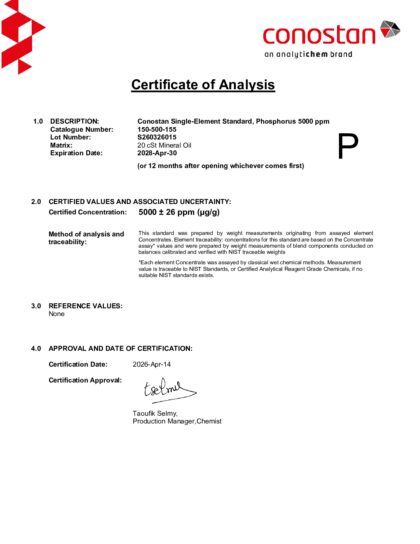 Primeira página: Certificado de análise, lote S260326015
