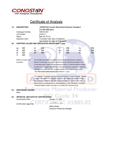 Primeira página: Certificado de análise, lote 210113-1