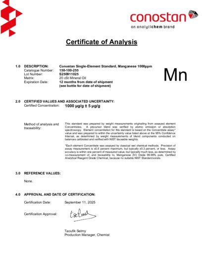Primeira página: Certificado de análise, lote S250911025