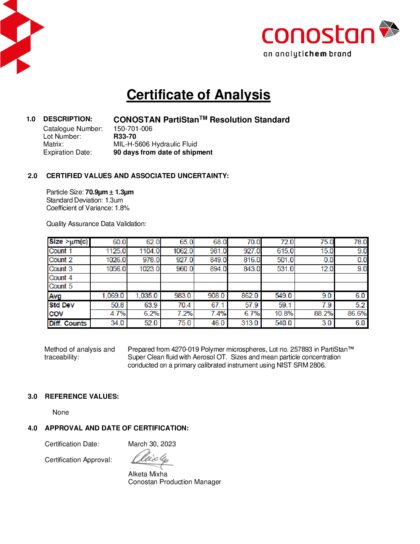 Primeira página: Certificado de análise, lote R33-70