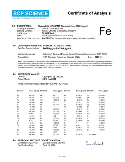 Primeira página: Certificado de análise, lote S250325048