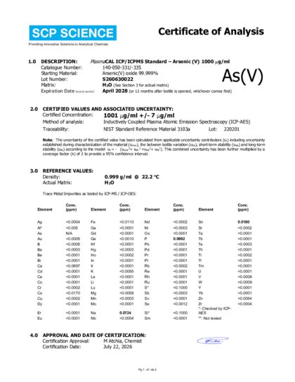 Primeira página: Certificado de análise, lote S260630022