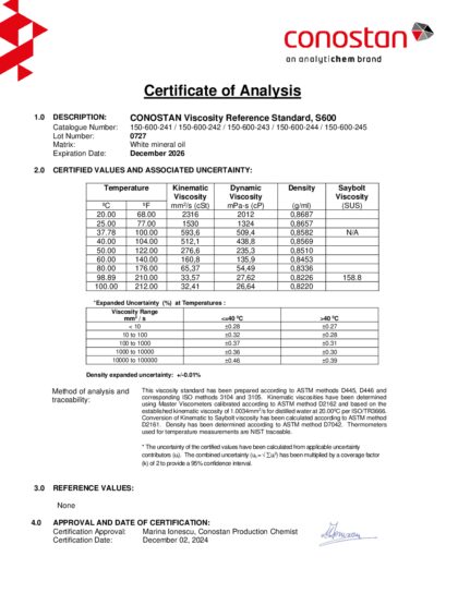 Primeira página: Certificado de análise, lote 0727