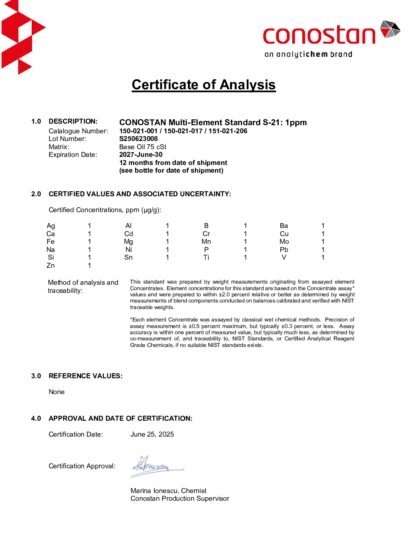 Primeira página: Certificado de análise, lote S250623008