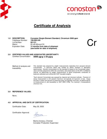 Primeira página: Certificado de análise, lote 501121