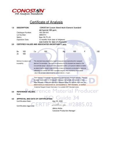 Primeira página: Certificado de análise, lote 200529-4