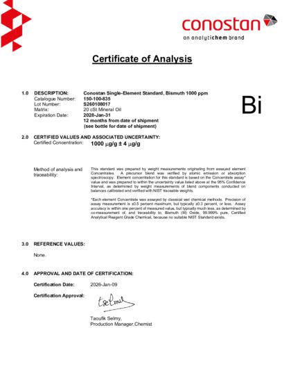 Primeira página: Certificado de análise, lote S260108017
