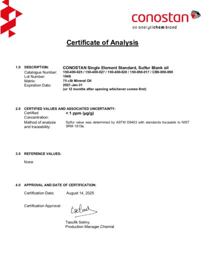 Primeira página: Certificado de análise, lote 104S