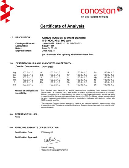 Primeira página: Certificado de análise, lote S260811014