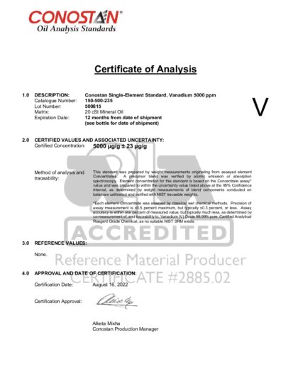 Primeira página: Certificado de análise, lote 500815