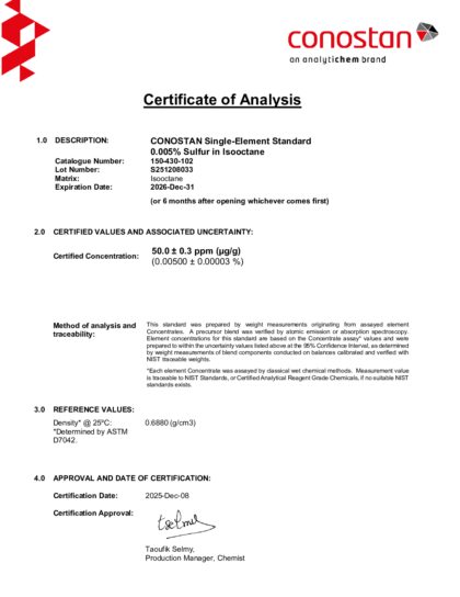 Primeira página: Certificado de análise, lote S251208033
