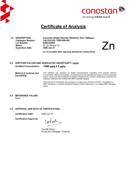 Primeira página: Certificado de análise, lote S260120062