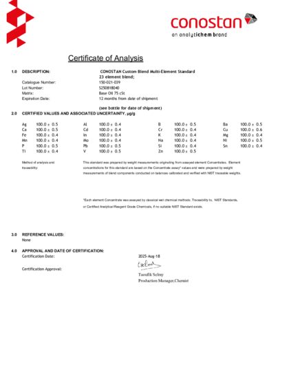 Primeira página: Certificado de análise, lote S250818040