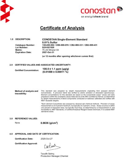 Primeira página: Certificado de análise, lote S251027028