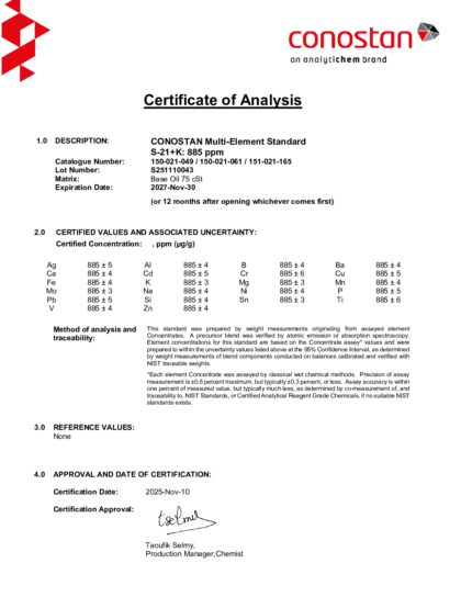 Primeira página: Certificado de análise, lote S251110043