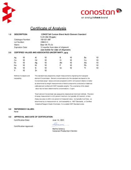 Primeira página: Certificado de análise, lote 230614-3