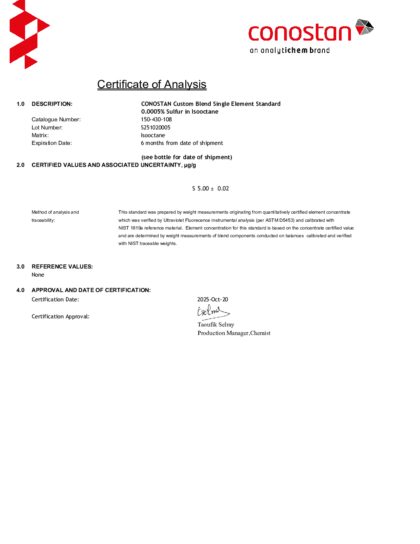 Primeira página: Certificado de análise, lote S251020005