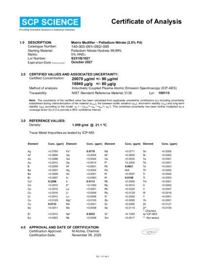 Primeira página: Certificado de análise, lote S251021027