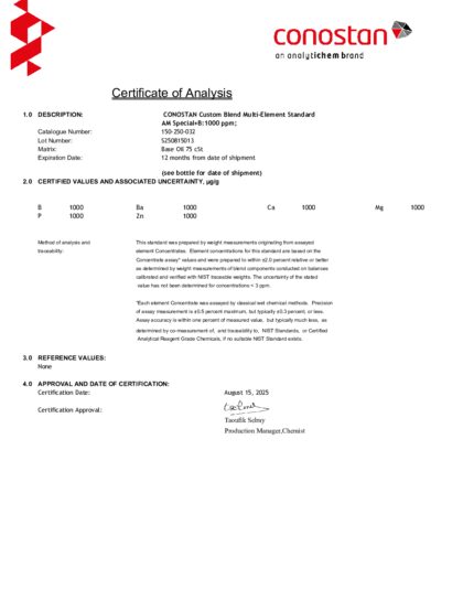 Primeira página: Certificado de análise, lote S250815013