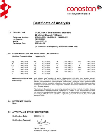 Primeira página: Certificado de análise, lote S251016015