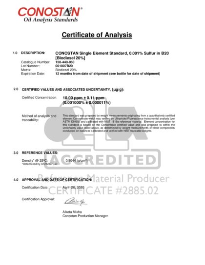 Primeira página: Certificado de análise, lote 001007B20