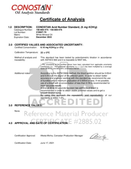 Primeira página: Certificado de análise, lote 210607-70