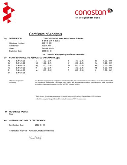Primeira página: Certificado de análise, lote S261013058